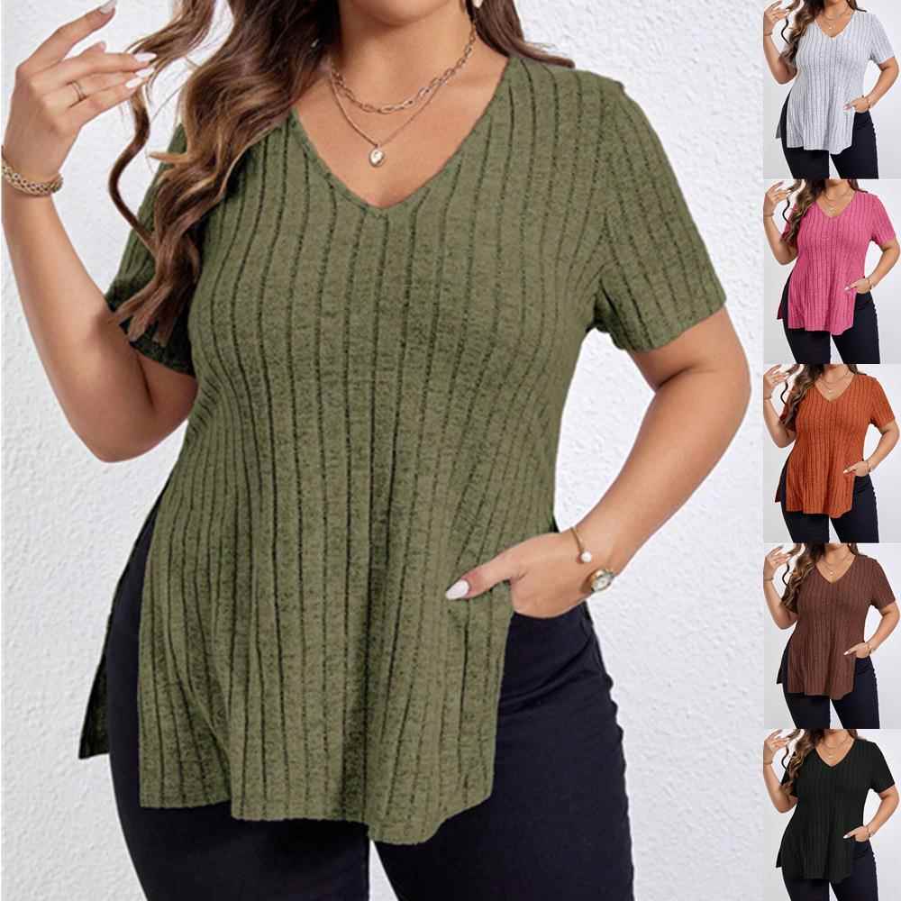 Clothing Womens T-shirt Brushed Slit Sleeve Short Neck V