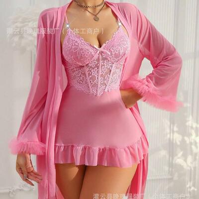 2pcs Set Fishbone Cinch Waist Lace Cami Nightgown Sleeve