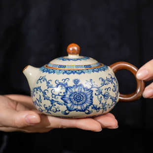 青花汝窑茶壶单个家用陶瓷西施壶开片可养小号一人功夫茶具泡茶器