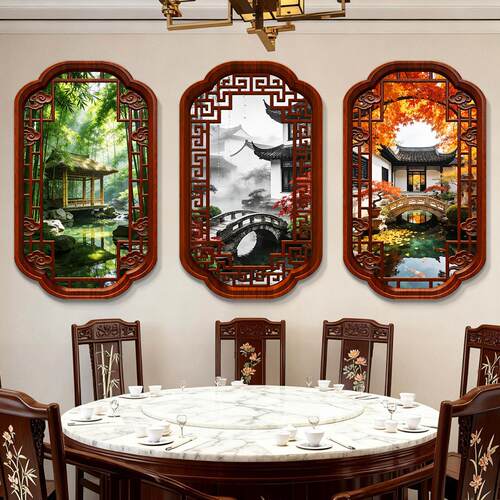 新中式山水庭院假窗户灯箱民宿餐厅火锅饭店装饰挂画宋氏美学轩窗