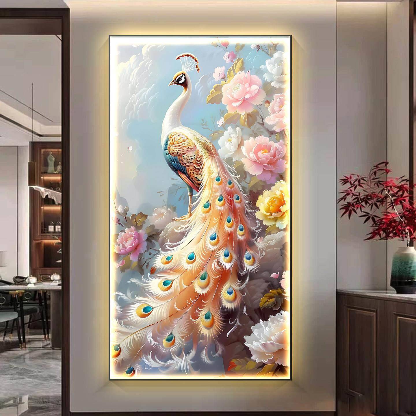 孔雀玄关入户门装饰画走廊过道LED灯轻奢挂画高级感2026客厅壁画