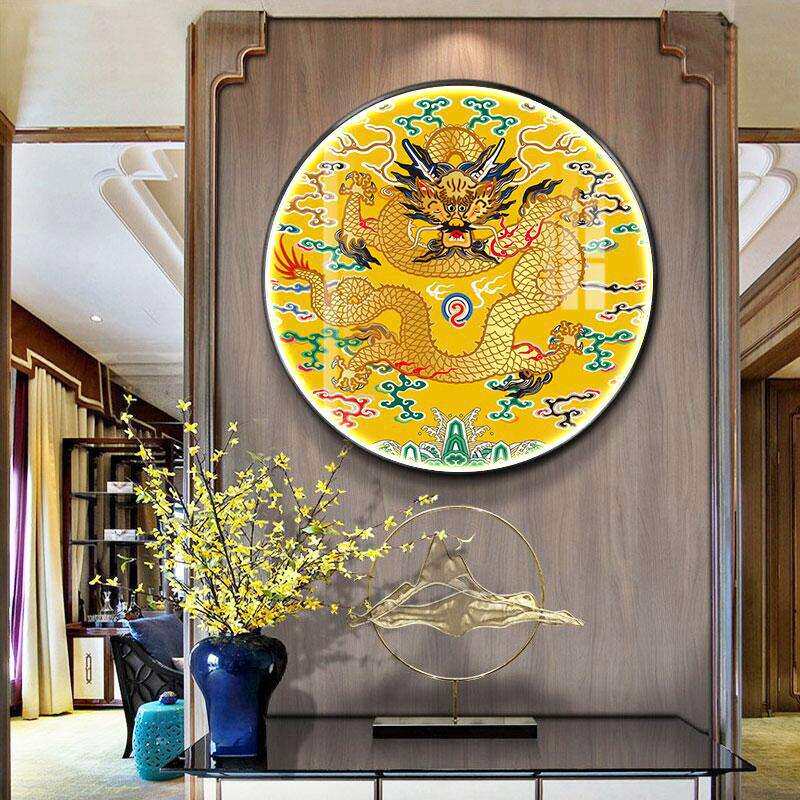 新挂画龙图案发光壁画客厅玄关书房圆装饰画带灯前台龙腾中式