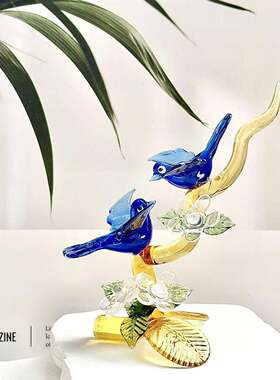 手工琉璃双鸟花卉摆件轻奢家居书房软装艺术品送礼佳品创意工艺品
