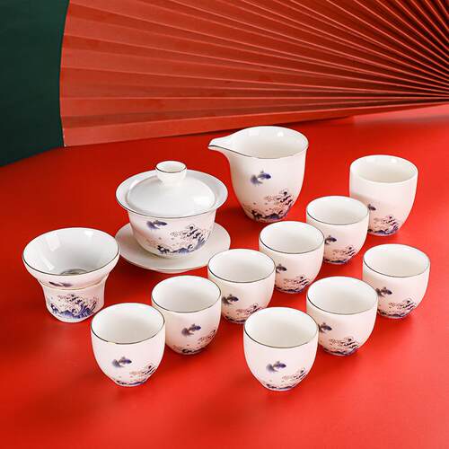 羊脂玉白瓷茶具套装中式家用客厅办公室轻奢德化陶瓷盖碗茶杯整套