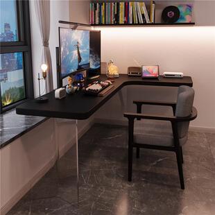 亚克力转角书桌家用黑色实木电脑桌l型拐角办公桌学生卧室写字桌