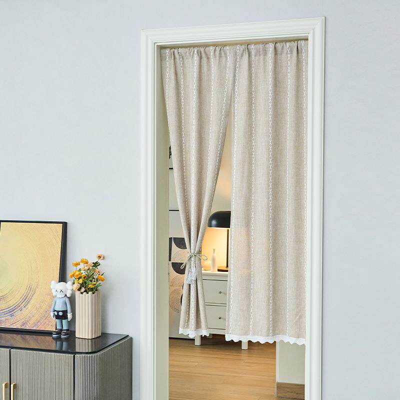 日系不透加厚棉麻门帘半帘短帘免打孔隔断帘布艺家用卧室厨房家居