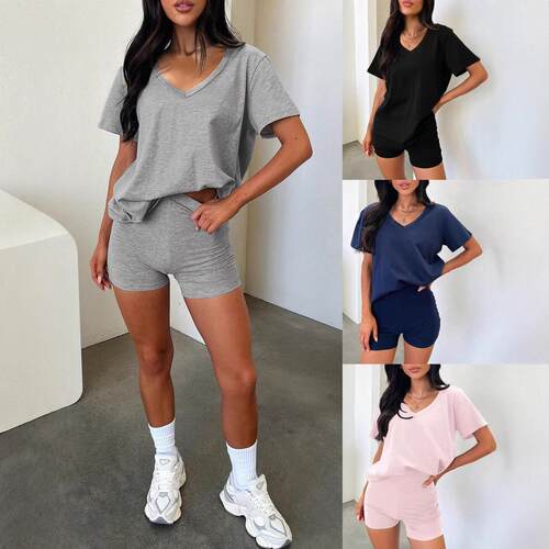 Two-Piece Set Women's Solid Color Knit V Neck Tee & Shorts