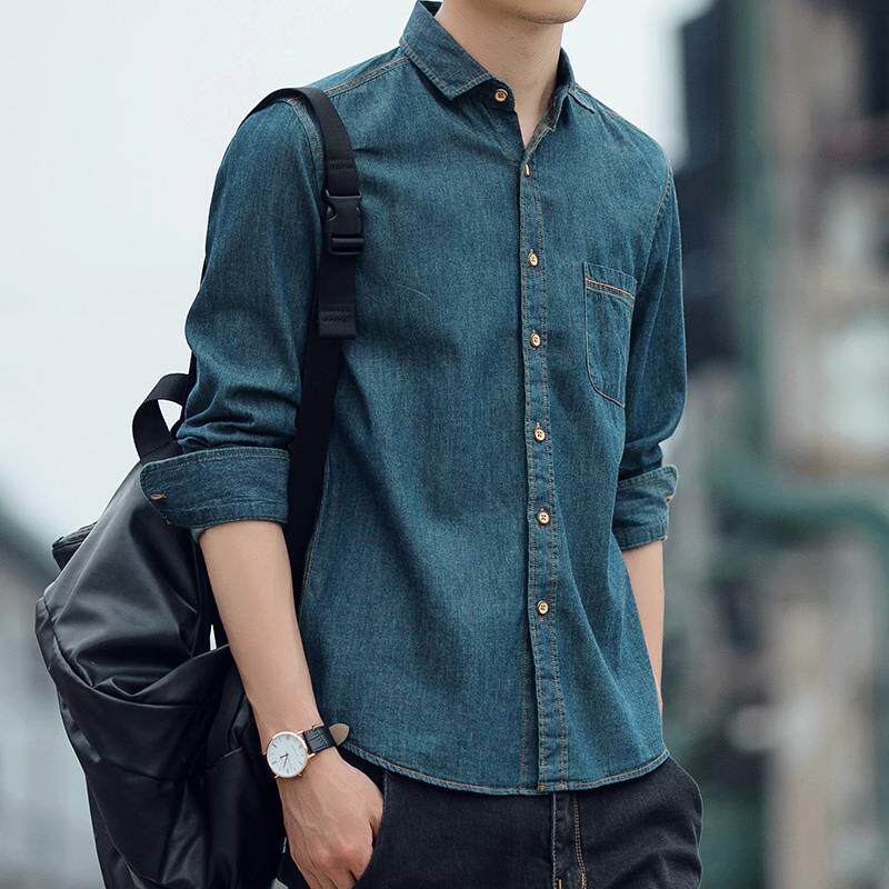 春夏薄款男士纯棉牛仔衬衫宽松上衣长袖衬衫男装青年潮流休闲 外