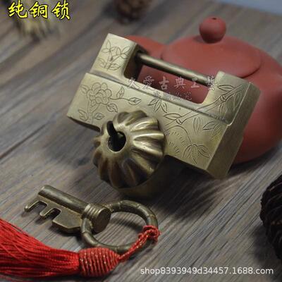 仿古铜锁复古锁中式老式横开挂锁老式插销锁刻花古铜锁铸铜锁门锁