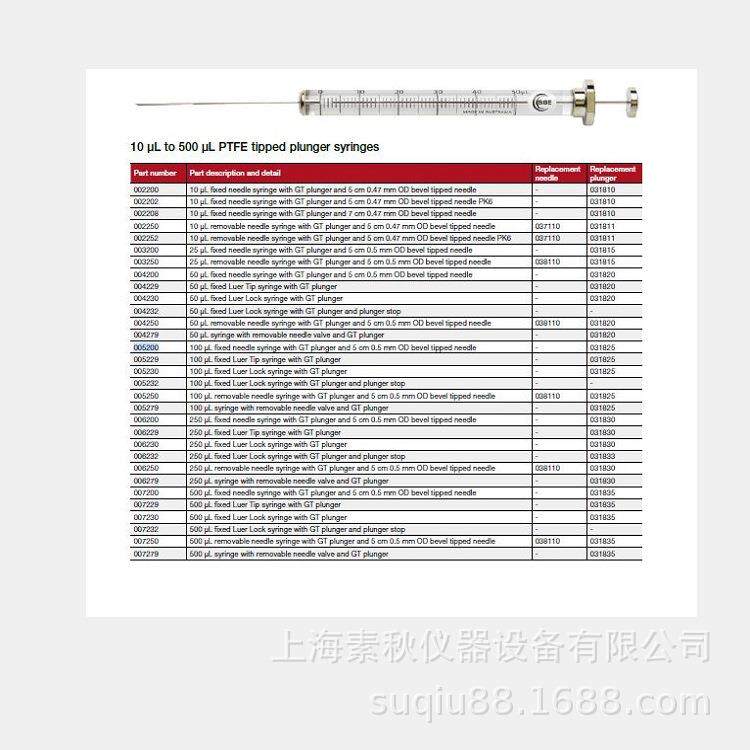 SGE007200气密性进样针500F-GT500ulsyringe固定针头尖头斜切