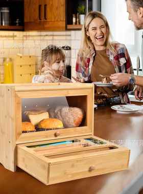 竹制面2365箱厨房台面面包盒带包鲜收膜收纳保盒收纳箱抽屉式纳箱