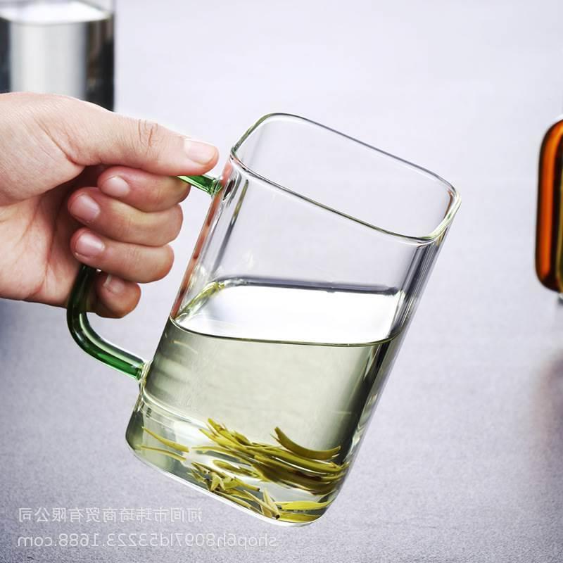 玻璃子方形绿茶杯耐热家用杯透明水无盖单层泡茶杯杯带把高跨