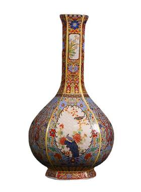 仿古中式珐琅彩开窗花鸟胆瓶瓷器景德镇家居客厅装饰摆件工艺品
