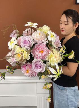 复古风牡丹仿真花束高档餐桌装饰花艺客厅假花电视柜摆设绢花成品