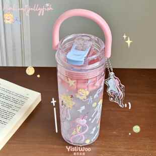 原创水母小猫双饮口水杯大容量夏日学生便携tritan塑料随行杯女生