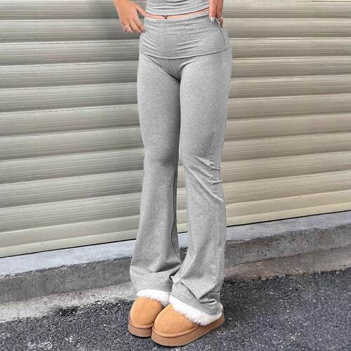 Womens Plain Ruched Flared Leggings Casual Comfy High