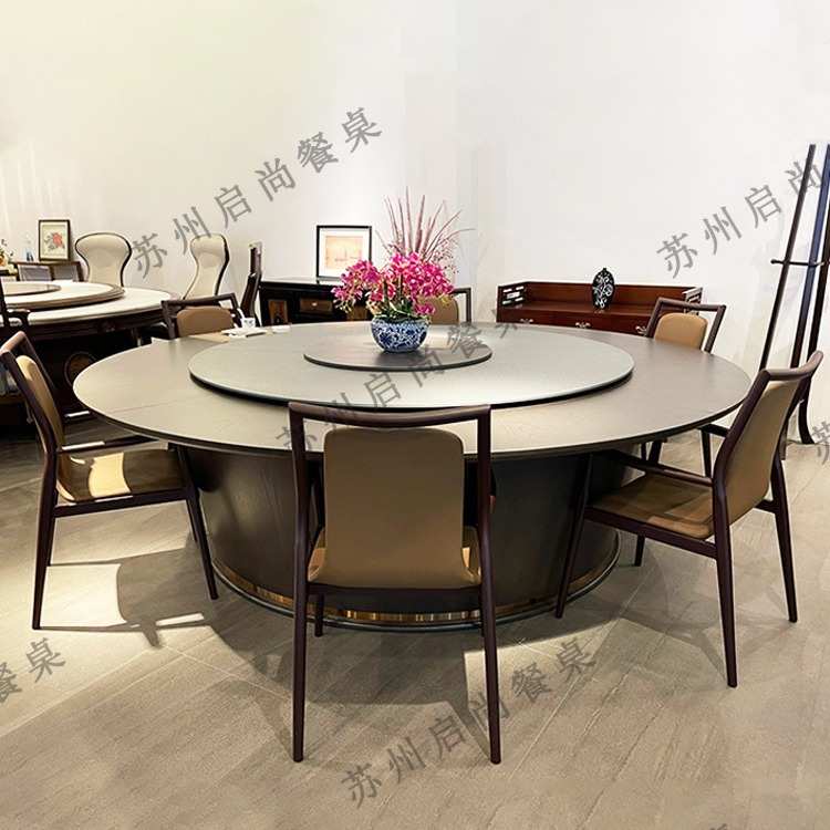酒店电动餐桌大圆桌饭店包厢实木2米3米圆形岩板转盘20人餐桌家用