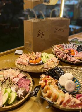 日式创意商用烧鸟盘烤串拼盘竹编托盘展示菜盘炸串火锅配菜盘竹盘