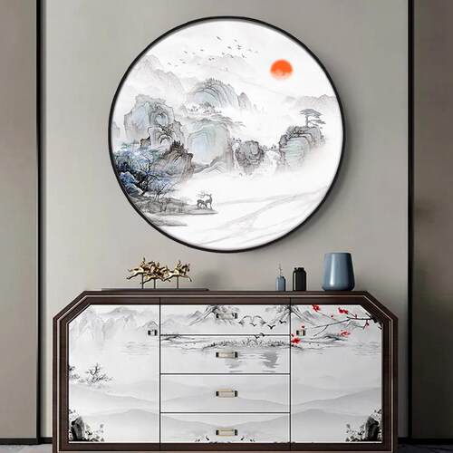 新中式装饰画望云楼圆形入户玄关客厅山水画禅意茶室挂画水墨画