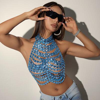 Women's hollow vest with gemstone exposed navel