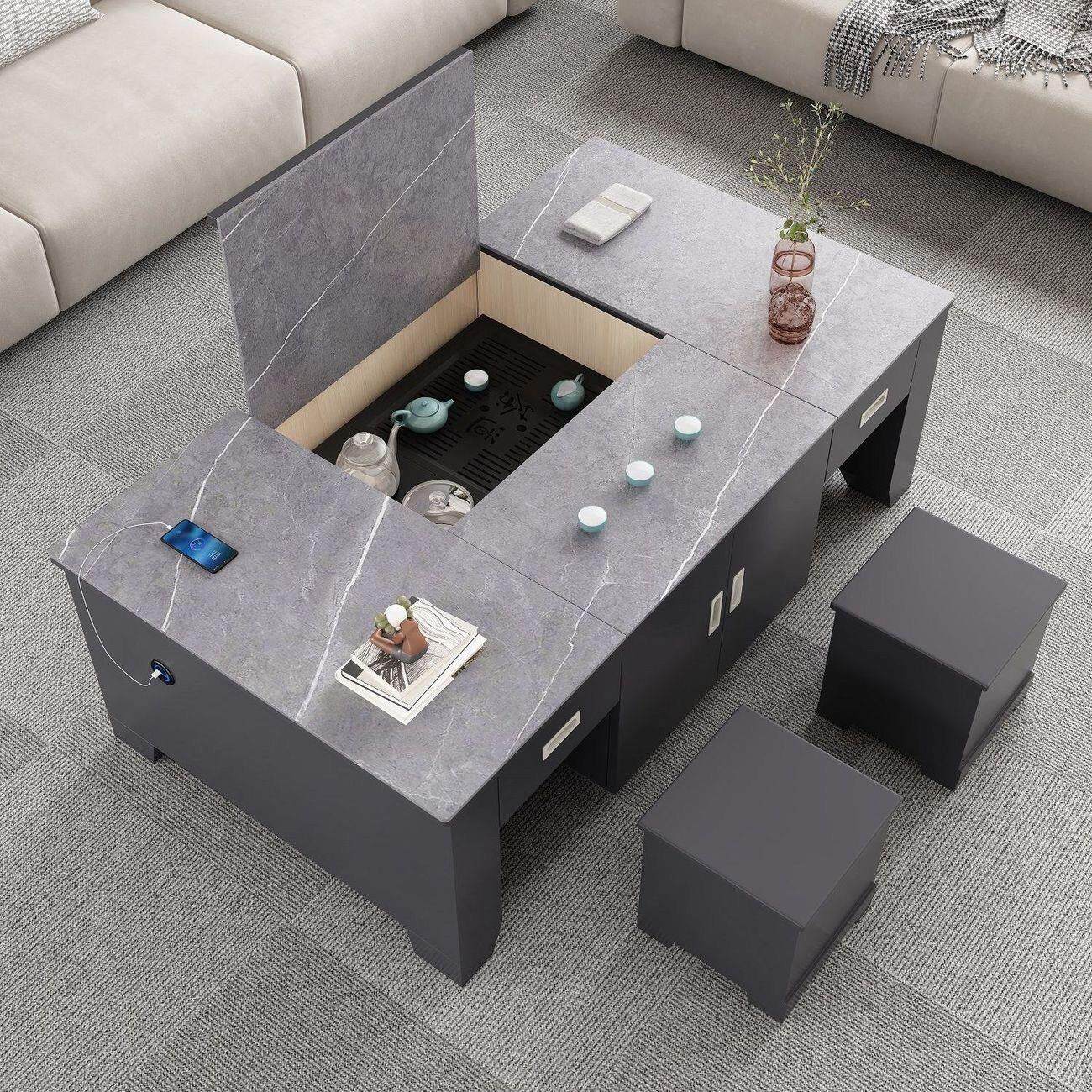 堡讯岩板升降功夫茶几餐桌两用全自动带泡茶一体多功能烧水壶盖布