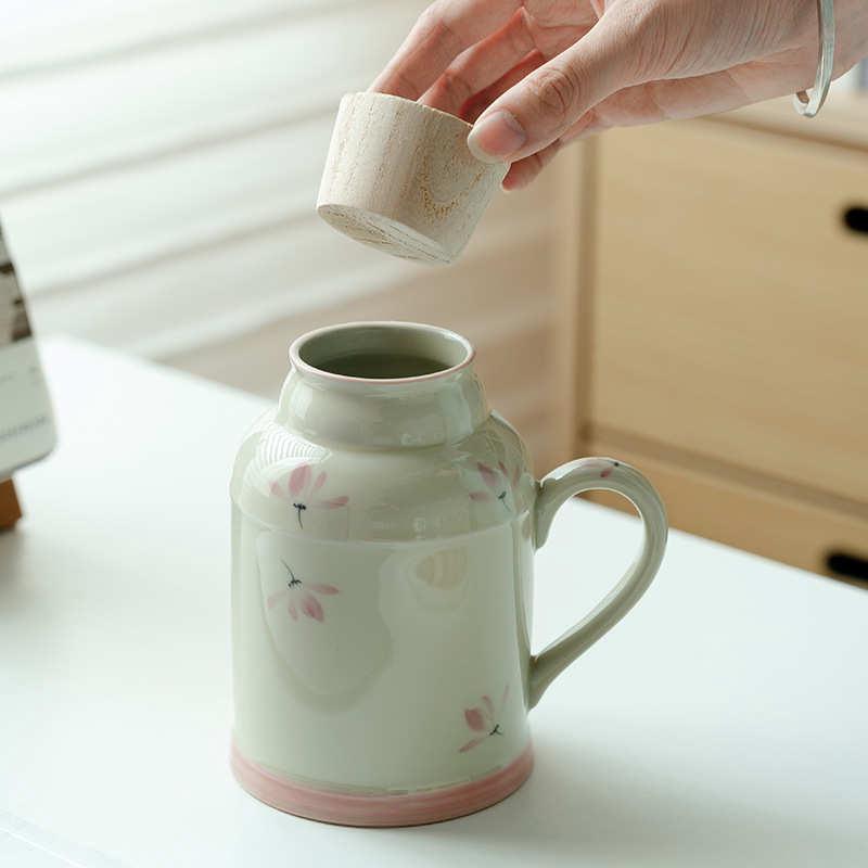 兰泡茶纯盖手绘茶壶马克羽粉花翎焖创意陶瓷大容量杯带家用杯