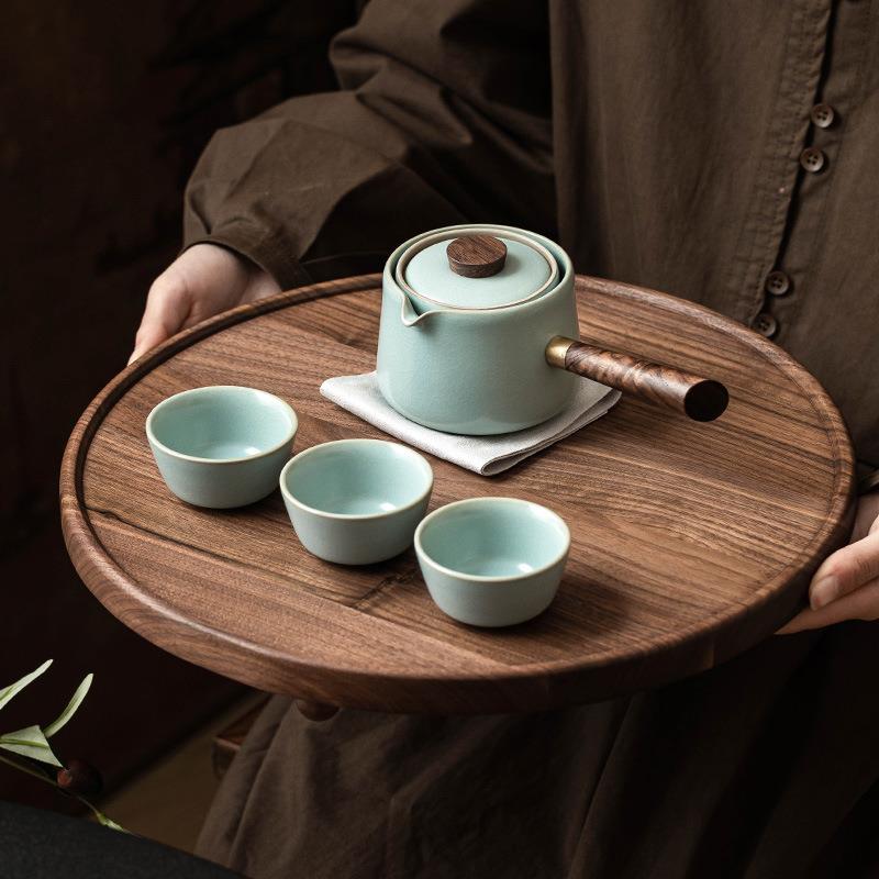 天青汝窑侧把壶茶具套装创意转转茶壶泡茶家用户外不烫手一壶三杯