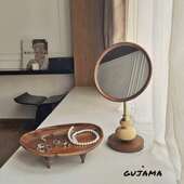 GUJAMA 可旋转梳妆台复古美妆镜ins 中古木质桌面圆形化妆镜台式
