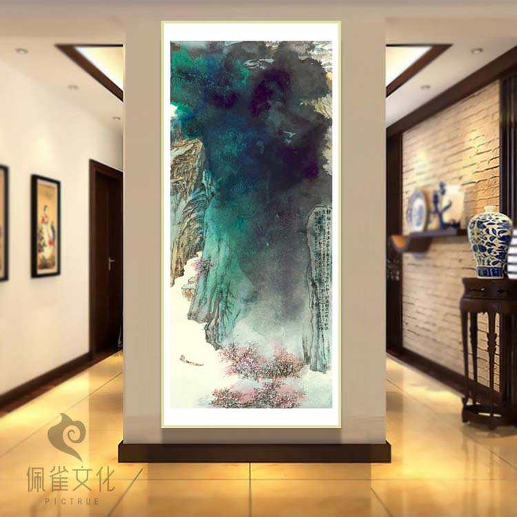 中式有泼框宣纸新玄关图山水油画布客厅桃源背景张大千挂画装饰彩
