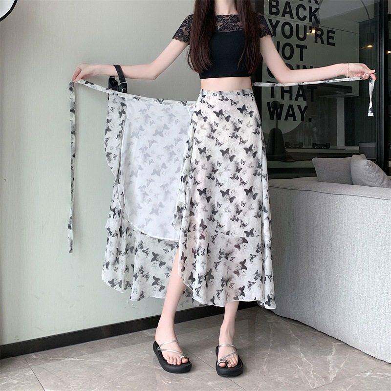 一片式碎花雪纺半身裙女2025夏季新款沙滩围裙包裙不规则系带裹裙