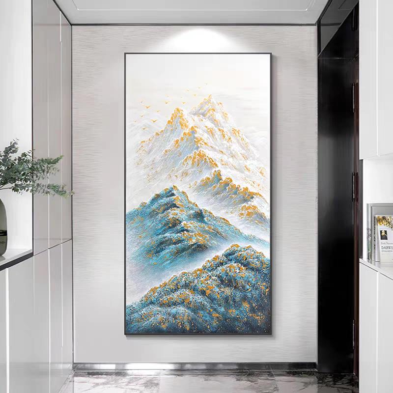 好装饰画孔雀蓝新山水客厅玄关中式感寓意大芬村金山高级挂画背靠图片