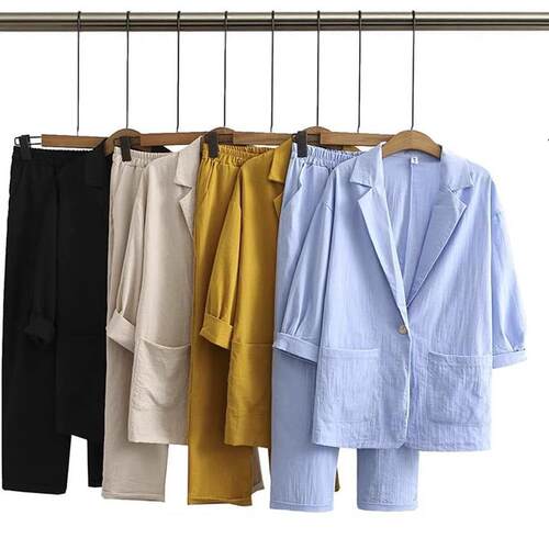 Women's autumn suit set, cotton and linen jacket, pocket