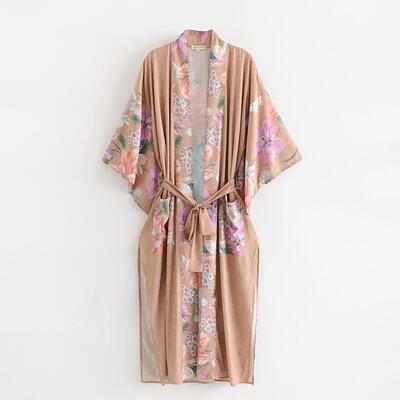 Elegant Floral Print Kimono Cardigan, Loose-Fitting Long