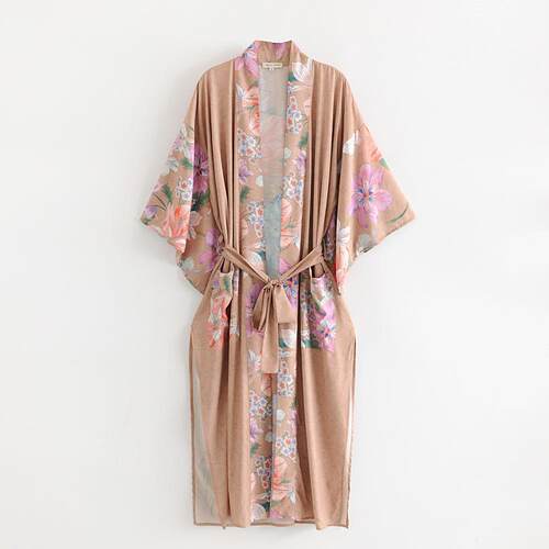 Elegant Floral Print Kimono Cardigan, Loose-Fitting Long