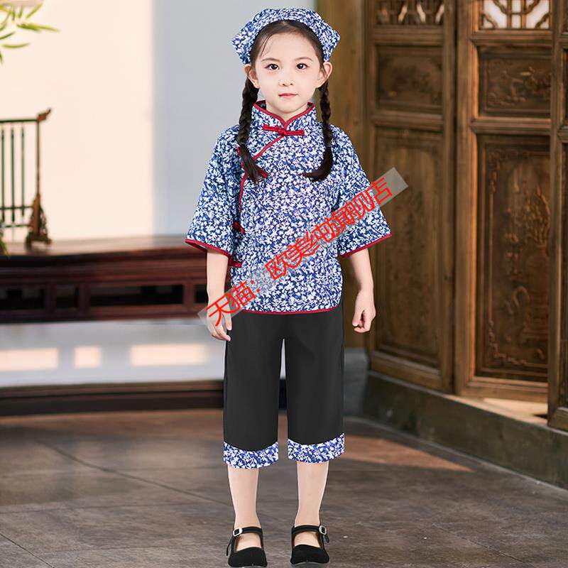 新款六村姑秧服儿童采茶服农服女童民国村歌农民一表演服阿庆嫂演