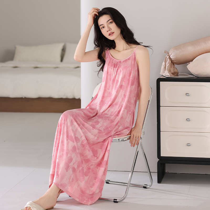 夏季睡衣女带胸垫过膝吊带连衣裙莫代尔甜美可爱薄款女士家居睡裙