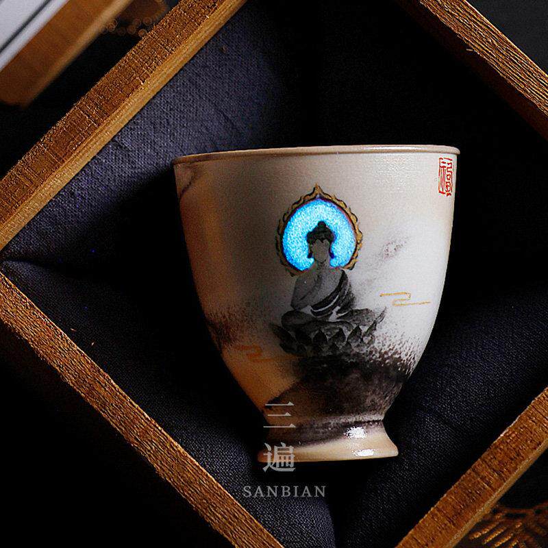 九觉堂景德镇手绘敦煌文创壁画手工茶杯主人杯覆古品茗杯粗陶柴烧