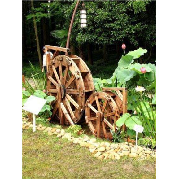 户外防腐木制水车转轮流水风车摆件水池循环庭院假山鱼池造景装饰