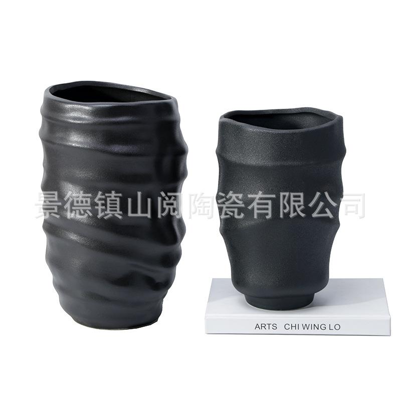 手工螺旋素烧陶瓷花瓶中式花器中式客厅插花瓶装饰摆件干花鲜花插
