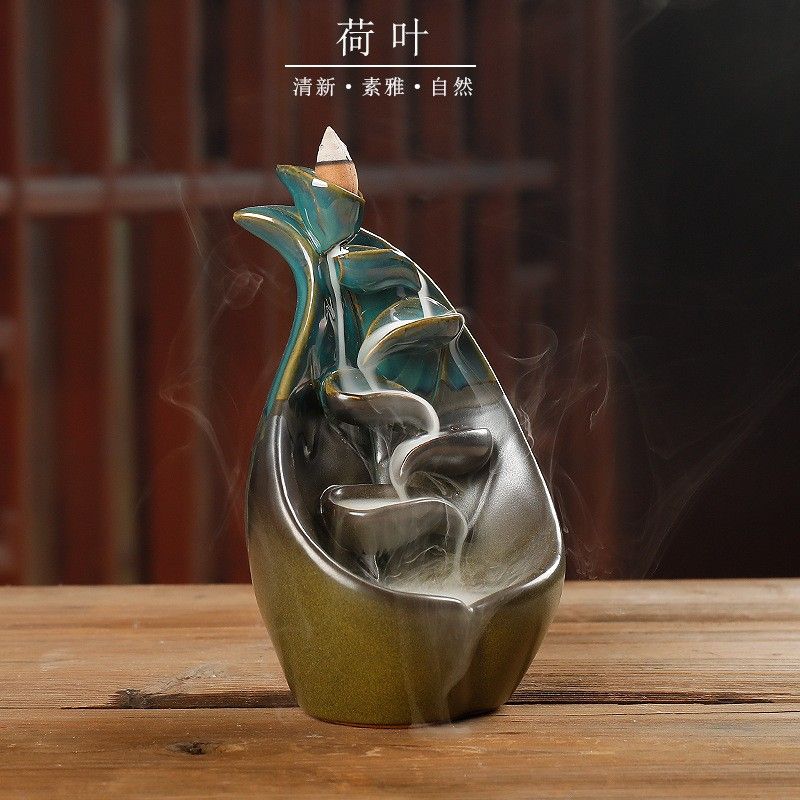 跨境陶瓷倒流香炉荷叶莲花蓝色左右逢源香薰炉工艺品家居摆件