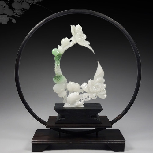 【玉雕大师作品】和田玉荷花《花开富贵》摆件4553