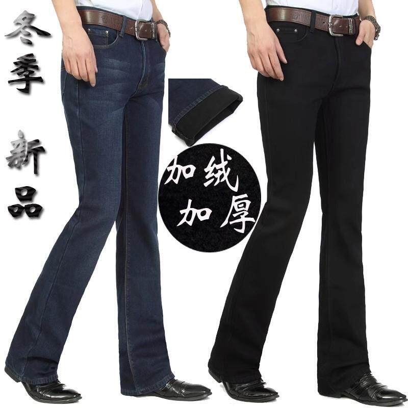 冬款加绒加厚微喇叭裤男微喇裤男士弹力喇叭裤修身加绒保暖牛仔裤