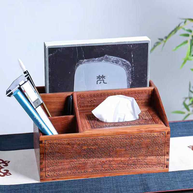 缅甸花梨木多功能抽纸盒客厅桌面简约茶几实木纸巾盒遥控器收纳盒