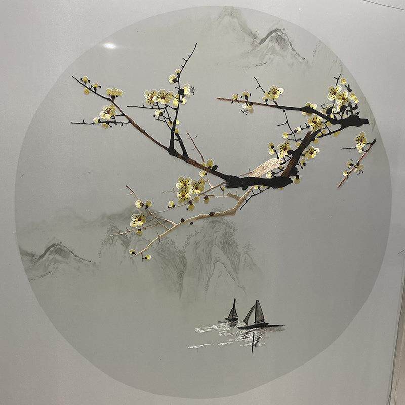 工厂直供来图半透明纱布画印加刺绣屏风玄关画心仿真丝单双面机绣
