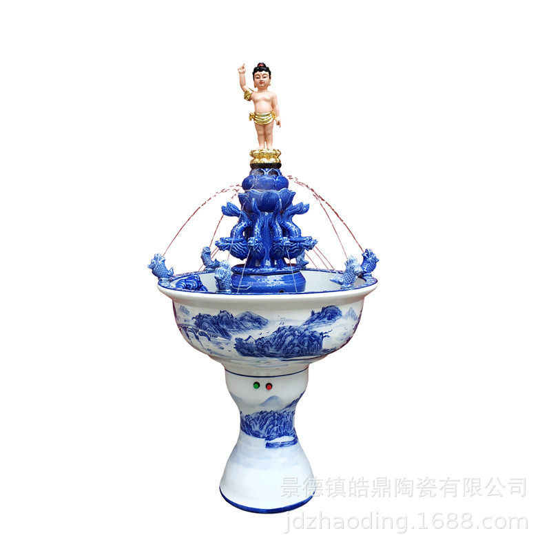 陶瓷九龙喷水浴佛盆太子佛寺庙家用浴佛用品循环雾化流水喷泉