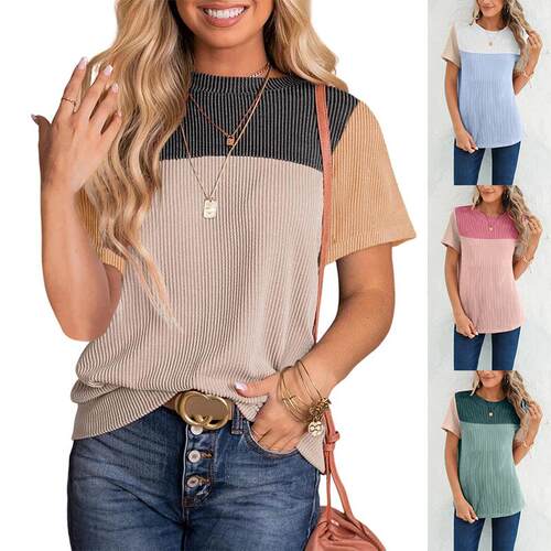 Women's Colorblock Short-Sved Round Neck Knitted Spring