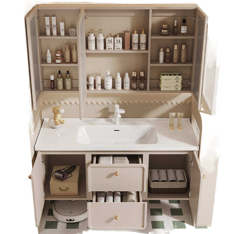 奶油风陶瓷一体盆法式浴室柜组合洗漱台现代简约洗手脸盆柜卫生间