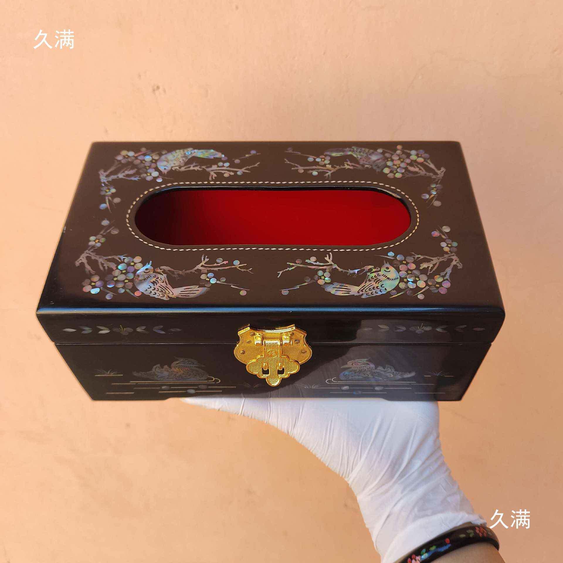 螺钿纸巾盒餐纸盒大漆木胎贝壳镶嵌首饰盒订婚结婚嫁妆手工制作