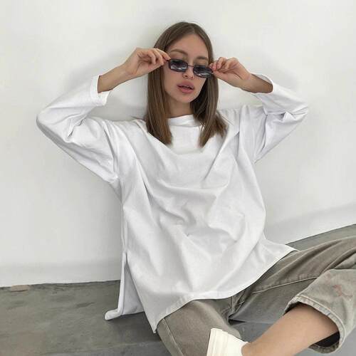 2025 long sleeved slit T-shirt cotton top for women
