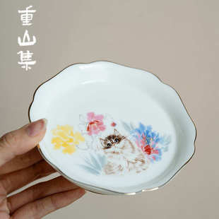 德化羊脂玉壶承釉上彩可爱猫咪陶瓷功夫茶具果盘干泡盘壶托盖碗托